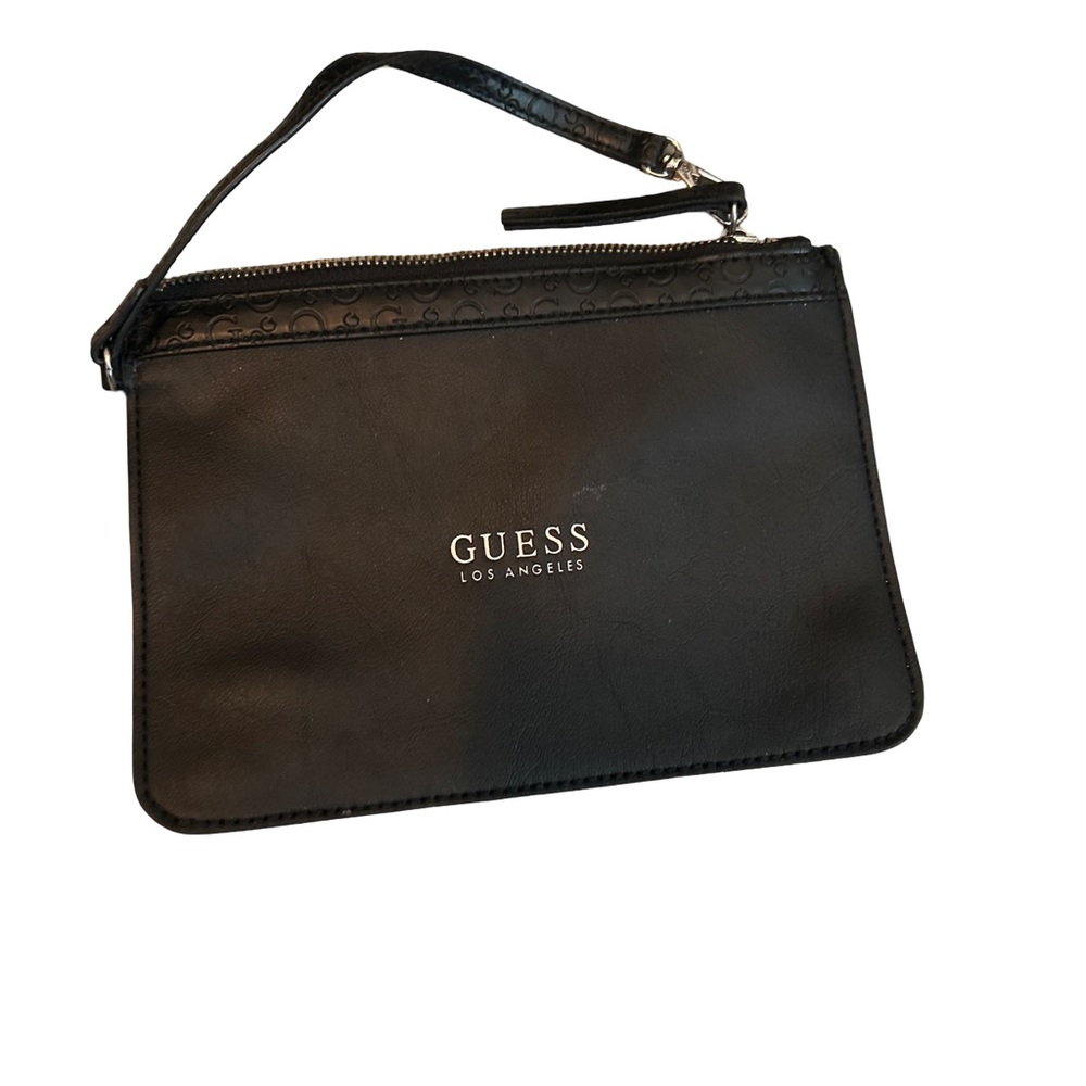Guess Vintage Black Leather Wristlet/Clutch, Zip Closure with Logo